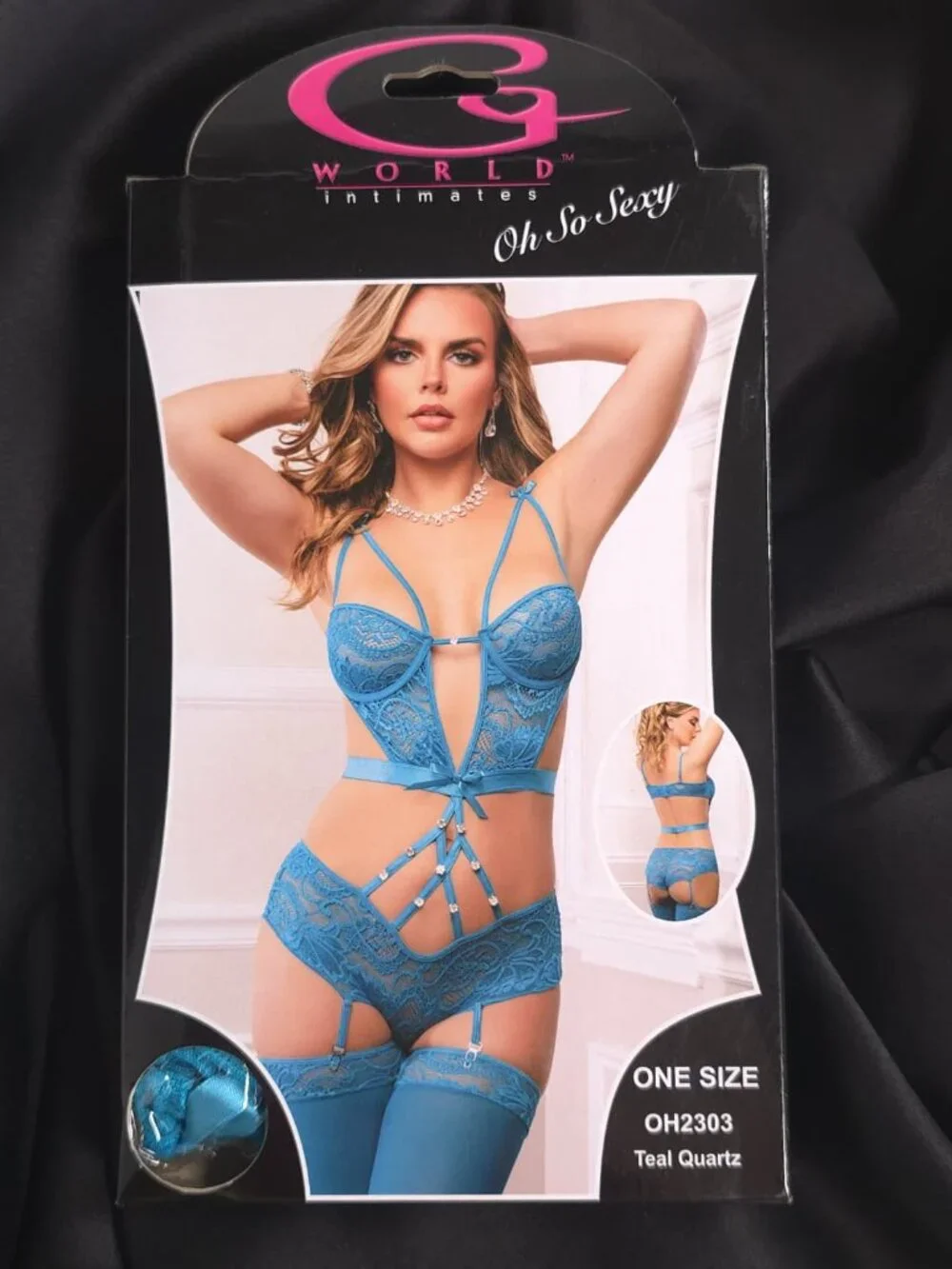 G WORLD Intimates Teal Quartz 2-Piece Cutout Strappy Garter Teddy Stockings